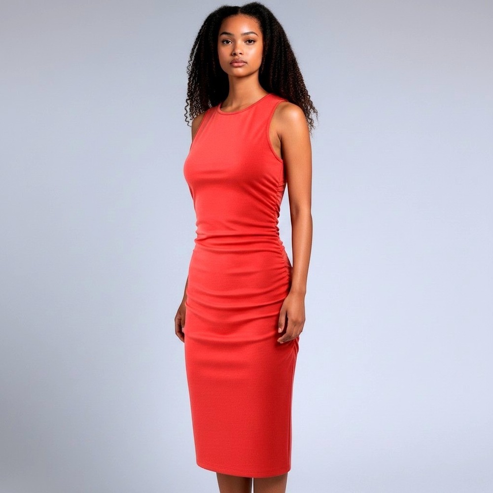 Theory Gathered Waist Bodycon Rubric Midi Dress Poppy Sleeveless M